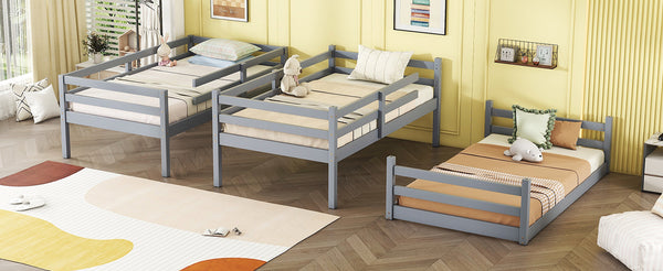 English Elm Triple Rubber Wood Bunk Bed with Built-In Ladders and Guardrails Maximizes Space for Families, Durable Design Grey W504S00174