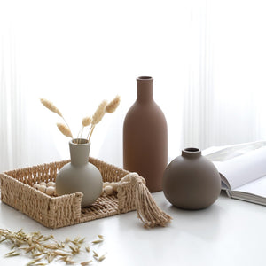 English Elm Rustic Matte Ceramic Vase Trio Neutral Tones Shelf Mantel Farmhouse Boho Decor Brown+Gray W2181P475132
