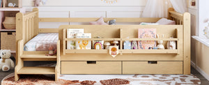 English Elm Twin Pine Floor Bed with Guardrails Built-in Bookcases and Stair Steps for Kids Light Natural W1580P430201
