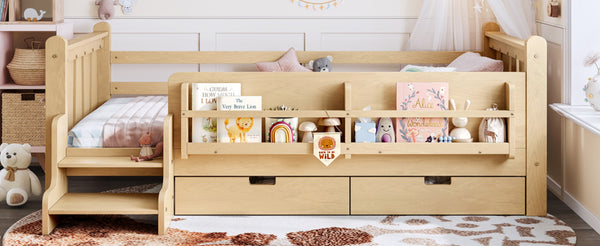 English Elm Twin Pine Floor Bed with Guardrails Built-in Bookcases and Stair Steps for Kids Light Natural W1580P430201