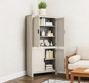 English Elm Spacious Antique White Pantry Cabinet Five Tier Shelving Traditional Kitchen Storage T3971P429185