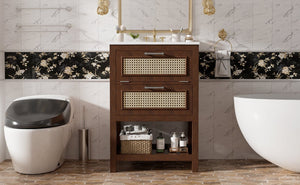 English Elm 24" Rattan Front Bathroom Vanity with Ceramic Sink Deep Drawer Storage Mdf Cabinet Dark Brown N710P293990P