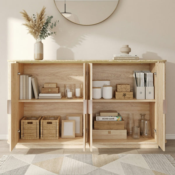 English Elm 60'' Fluted Oak Credenza with Faux Marble Top and Gold Trim Four Door Buffet Natural Wood W5216P454717