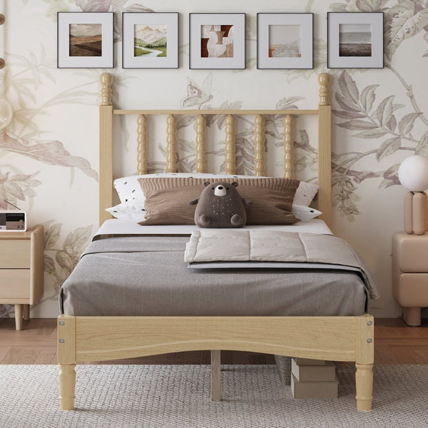 English Elm Twin Rubberwood Platform Bed Gourd Headboard Retro Bohemian Bedroom Slat Base Natural N733P427029M