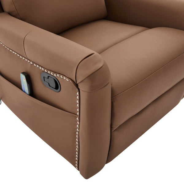 English Elm Modern Swivel Rocker Recliner Pu Leather Chair with Massage Heat and Storage Pocket Brown N763P399629D