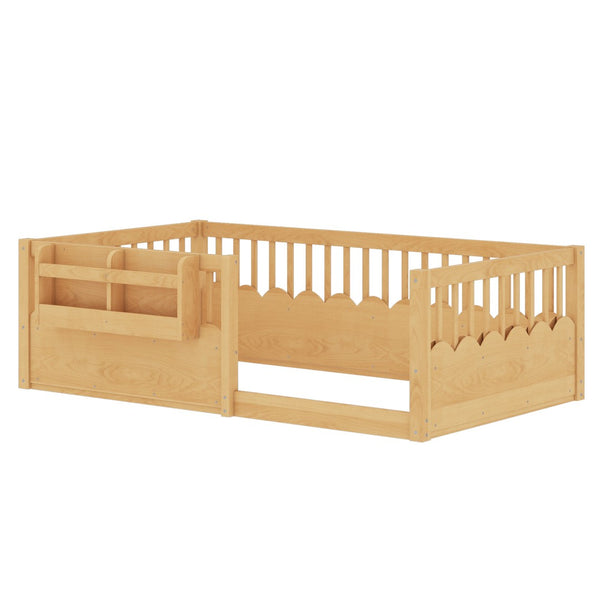 English Elm Twin Low Profile Kids Floor Bed Pine Wood Frame with Safety Rail and Built in Bookshelf Natural W1580P373137