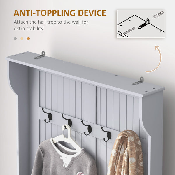 English Elm HOMCOM Entryway Hall Tree with Bench and 4 Double Hooks, Shoe Storage Organizer and Anti-Tip Gray W2225P229725