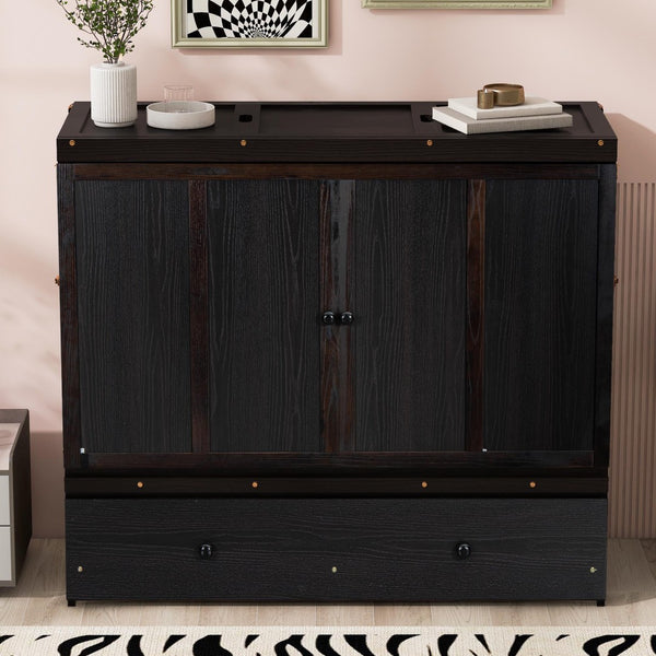 English Elm Full Size Wall Murphy Bed Cabinet with Storage Drawer and Built-in Usb Charging Espresso N708P205903P