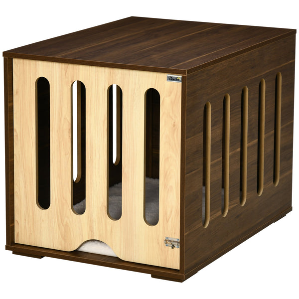 English Elm PawHut Modern Dog Crate End Table with Removable Sliding Door, Foam Cushion, Lock, Indoor Pet Haven Brown W2225P217302