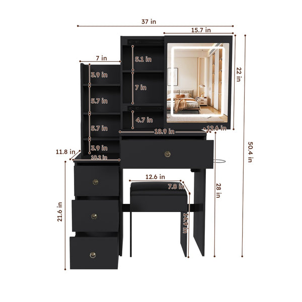 English Elm Modern Vanity Desk with Led Lighting Four Drawers Glossy Mdf and Dressing Chair W509P465829