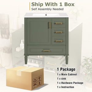 English Elm 30" Elegant Bathroom Vanity with Ceramic Sink, Soft-Close Door & 3 Drawers, Gold Handles, Durable Finish Olive Green N729P184479O
