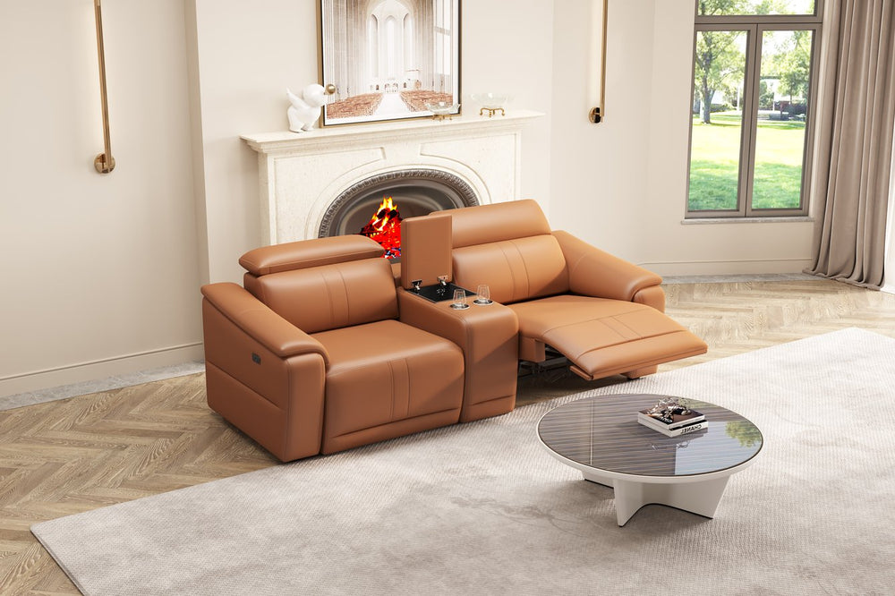 English Elm 23031 Brown Power Reclining Loveseat Sofa with Leather, Storage, Cup Holders & Quiet Motor Comfort W3795P358523