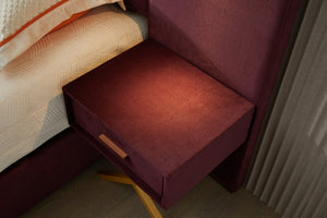 English Elm Queen Modern Floating Bedside Tables with LED Lights, Crossed Metal Legs, Single Drawer Storage, Durable Construction WINE RED W1793S00014