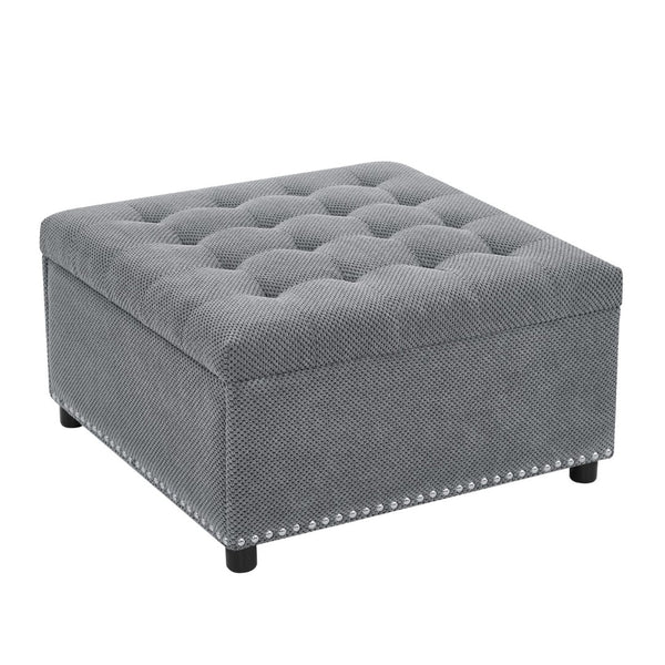 English Elm Storage Ottoman Tufted Nailhead Trim Lift Top Footstool for Living Room or Bedroom Light Gray W5568P447080