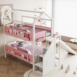 English Elm House-shaped Pine Bunk Bed with Built-in Slide Storage Staircase Twin Over Full Kids Frame White+Pink N820S00082K