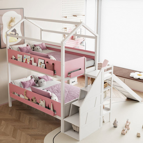 English Elm House-shaped Pine Bunk Bed with Built-in Slide Storage Staircase Twin Over Full Kids Frame White+Pink N820S00082K
