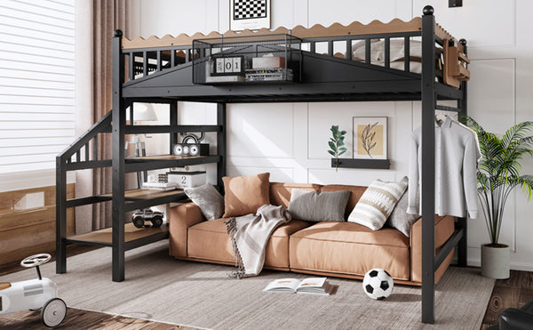 English Elm Full Size Metal Loft Bed with Stair Storage Shelves Bookshelf for Dorms Bedroom W1580S00378