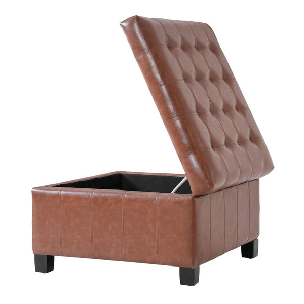 English Elm Black Tufted Pu Lift Top Storage Ottoman with Rubberwood Legs for Living Spaces Light Brown N779P404084L