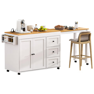 English Elm K&K 43.3" Kitchen Island with 27.6" Extendable Dining Table, Power Outlet, 7 Wheels, Ample Storage White N707P303401W