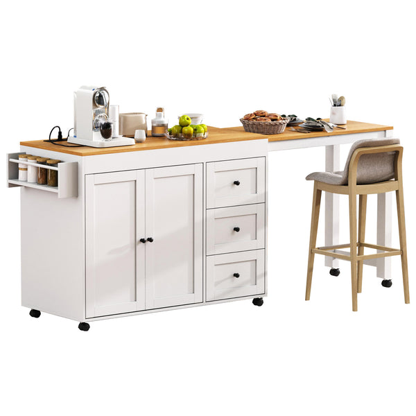 English Elm K&K 43.3" Kitchen Island with 27.6" Extendable Dining Table, Power Outlet, 7 Wheels, Ample Storage White N707P303401W