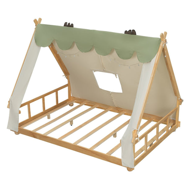 English Elm Twin Cabin Bed with Detachable Tent Skylight and Woodland Deer Antler Accents White N708P356717K