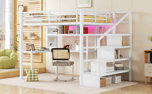 English Elm Full Size Loft Bed With Integrated Led, Workspace & Storage, Stylish Metal Frame For Kids' Rooms W2593S00018