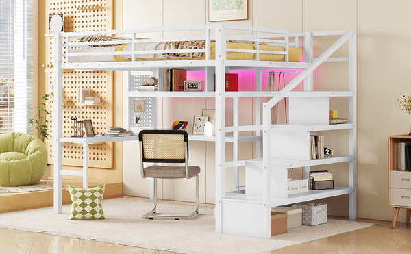 English Elm Full Size Loft Bed With Integrated Led, Workspace & Storage, Stylish Metal Frame For Kids' Rooms W2593S00018