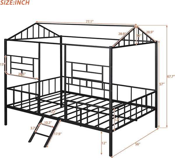 English Elm Black Twin Loft Bed with House-Style Gable, Full Metal Frame, Angled Ladder, Modern Kids Bunk Black 15 L x 78 W x 7 H B2741P347293