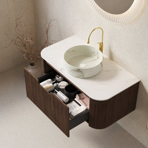 English Elm Dina Floating Bathroom Vanity Sintered Stone Top Glass Basin Striped Plywood Cabinet Walnut,White W2615S00415