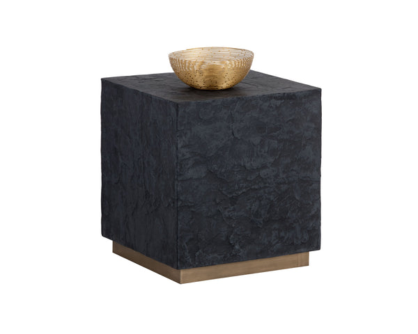 Sunpan Newbury Concrete End Table - Black Slate Effect Finish with Elegant Brass Base for Modern Decor