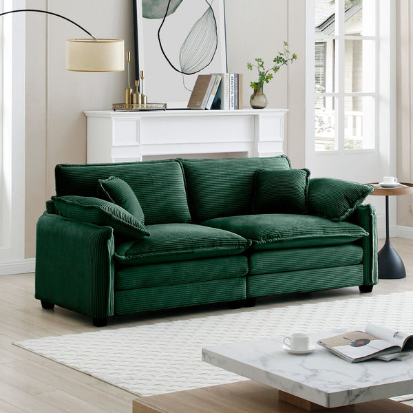 English Elm Warm Retro-Inspired 2-Seater Sofa In Green Corduroy With 4 Pillows For Cozy Living Spaces W714S00728-GIGA