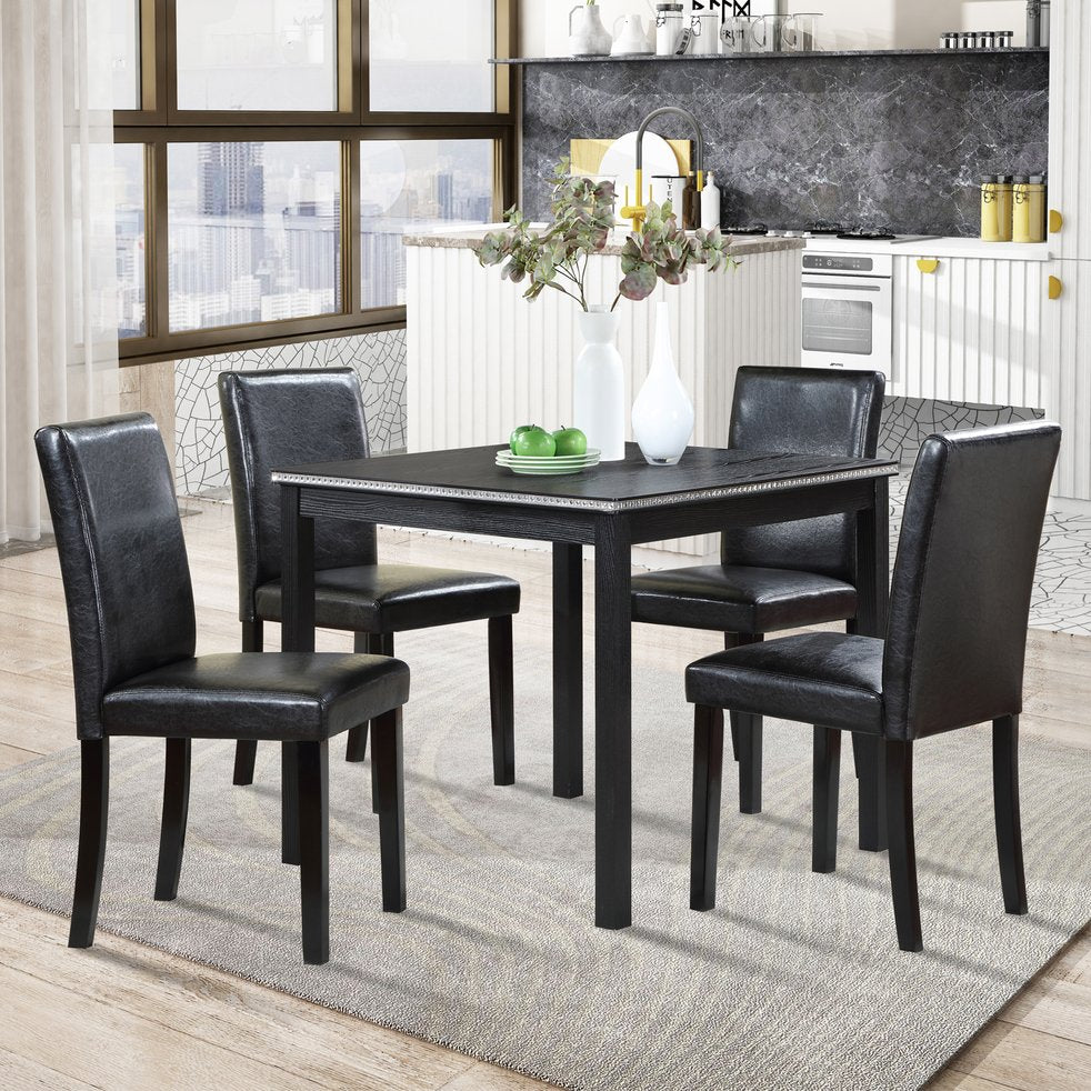 English Elm 5 Piece Wooden Dining Table Set - Elegant Square Table With Crystal Trim & 4 Upholstered Chairs, Black W1998S00041