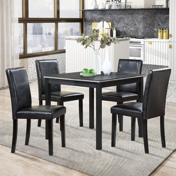 English Elm 5 Piece Wooden Dining Table Set - Elegant Square Table With Crystal Trim & 4 Upholstered Chairs, Black W1998S00041