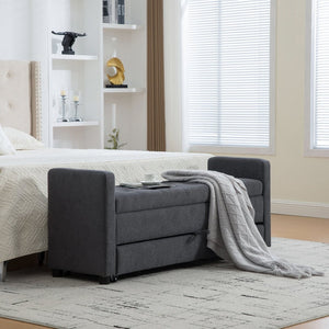English Elm 58.27" Wide Napped Fabric Upholstered Storage Bench Rolled Armrest Caster Wheels Entryway Gray W3189P445992