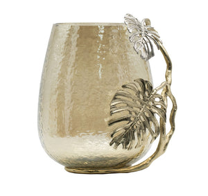 English Elm 9.8x8.5x10.8" Palm Motif Hurricane Holder Silver Aluminum Smoke Glass Mantel Decor W2078P490401