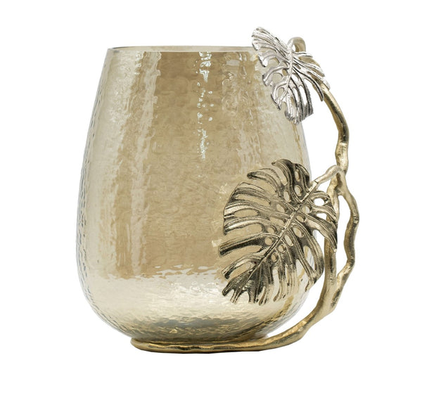 English Elm 9.8x8.5x10.8" Palm Motif Hurricane Holder Silver Aluminum Smoke Glass Mantel Decor W2078P490401