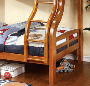 English Elm Oak Twin over Full Bunk Bed with Attached Ladder, Two Under-Bed Drawers, Modern Transitional Design Oak 25 L x 73 W x 11 H B2741S00378