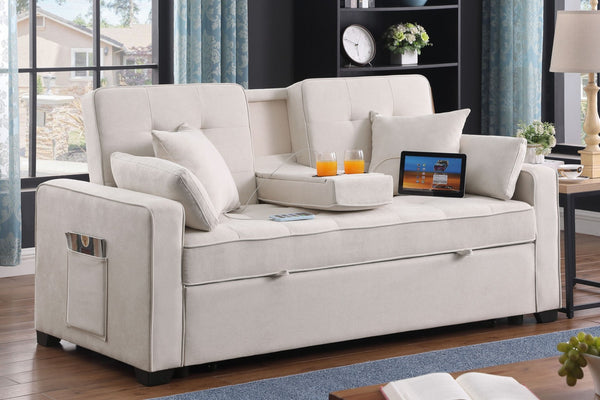 English Elm Corrado Woven Fabric Sleeper Loveseat with Console Cup Holders and Charging Ports Beige B2749S00242