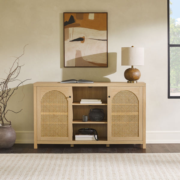 58" 4-Door Sideboard w/ Arched Rattan Panels Coastal Oak SAHD5DCO Walker Edison
