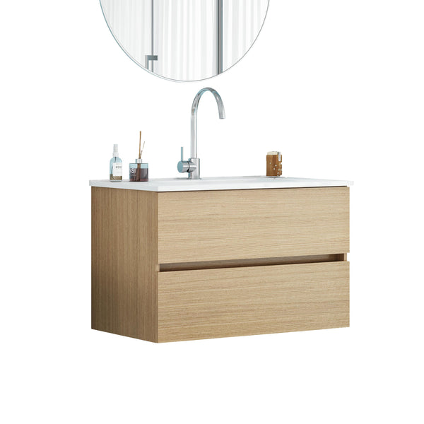 English Elm 32-Inch Wall-Mounted Bathroom Vanity With Soft-Close Drawers, Ceramic Sink & Modern Design Finish W3151S00041