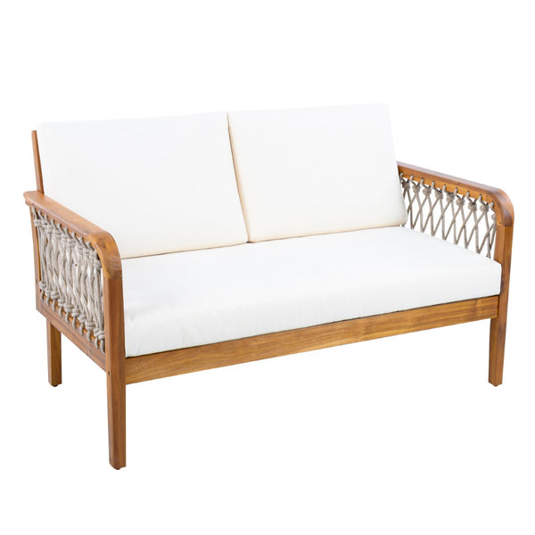 English Elm Outdoor Acacia Wood Loveseat Set with Woven Rope Detail and Slatted Coffee Table Cream,Oatmeal,Teak N768P363954T