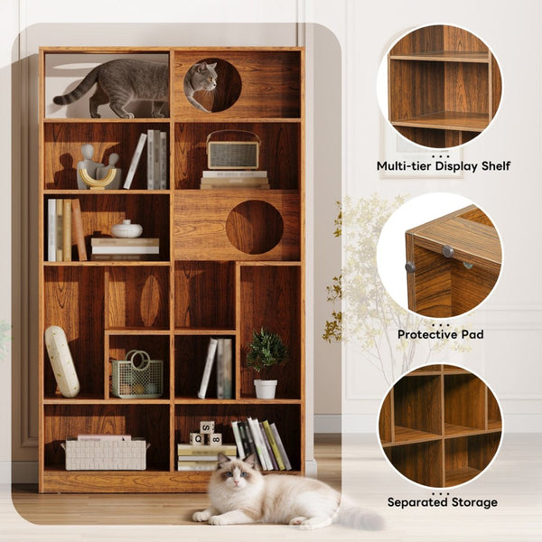 English Elm Modern Wood Grain Bookshelf Cat Habitat with Climbing Cubbies for Living Room Brown N752P395027D