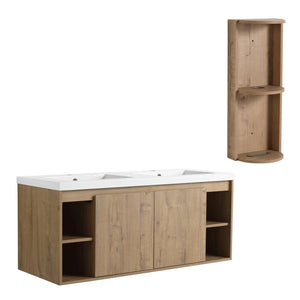 English Elm 48" Wall-Mounted Bathroom Vanity With Double Sink, Storage Rack & Soft Close Doors For Modern Spaces W999S00347