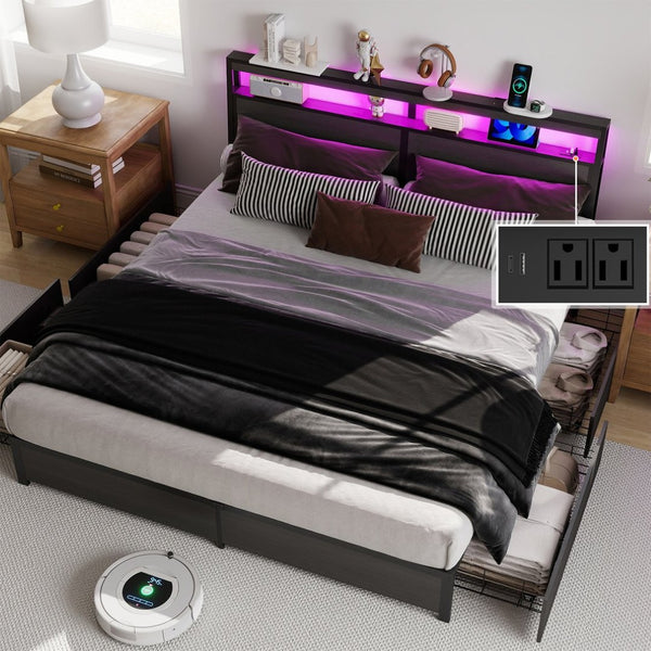 English Elm Queen Metal Platform Bed with Rgb Led Headboard Charging Station and Underbed Storage T3963P483004