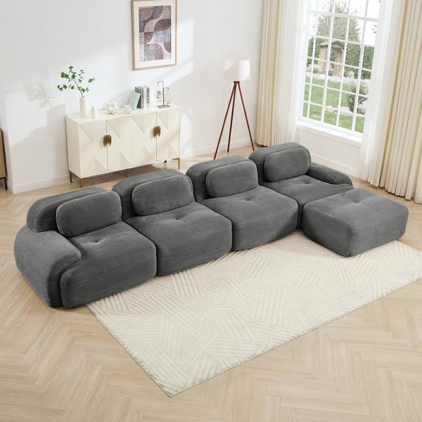 English Elm 4-seat Modular Corduroy Sectional Sofa with Curved Armrests for Living Rooms Grey W714S01271