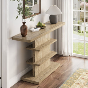 English Elm 63"vintage Walnut Console Table Two Open Shelves Slim Hallway Living Room Accent W757P399693