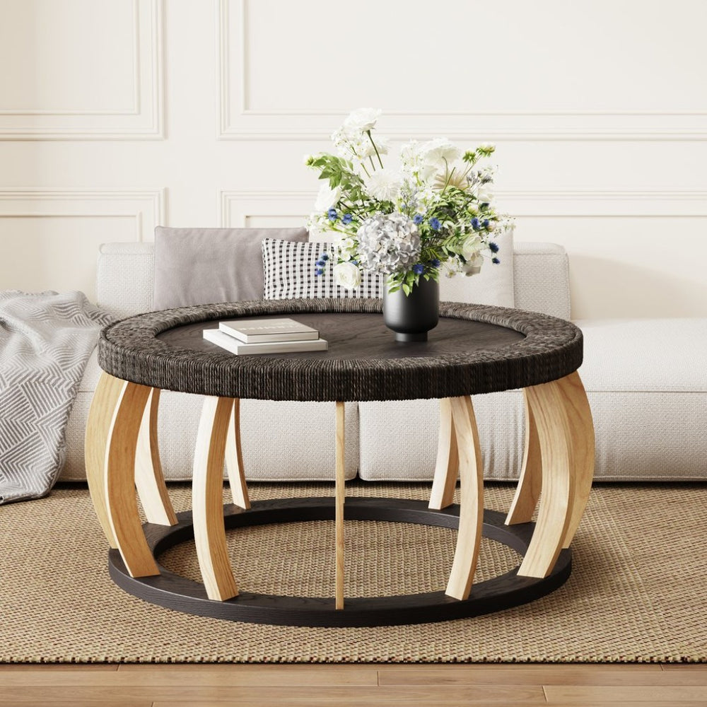 English Elm 35.43"vintage Woven Rattan Round Coffee Table Curved Wood Legs Boho Living Room W757P445115