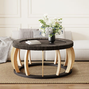 English Elm 35.43"vintage Woven Rattan Round Coffee Table Curved Wood Legs Boho Living Room W757P445115