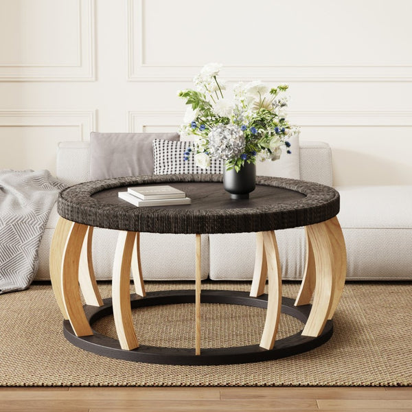 English Elm 35.43"vintage Woven Rattan Round Coffee Table Curved Wood Legs Boho Living Room W757P445115