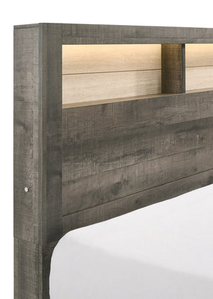 English Elm 1pc Queen Size Platform Storage Bed with Plank Headboard and Built-In Lighting, Modern Farmhouse Design Beige,Gray 66.9 L x 30.7 W x 11.25 H B2741P343797